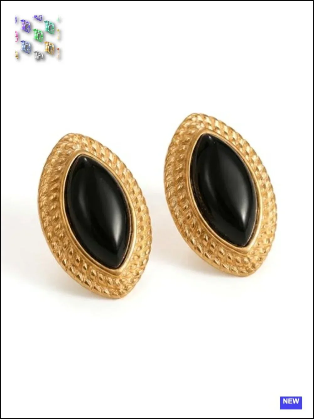 Oval Geometric Black Glass Dangle Earrings with Gold Bezel